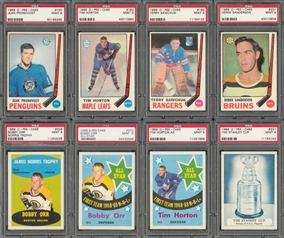 1969/70 O-Pee-Chee Hockey PSA MINT 9 Collection (8 Different) Including Five Hall of Famers